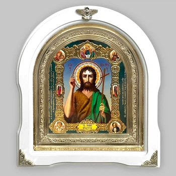 Икона Иоанн Предтеча святой, лик 15х18 см, в белом деревянном киоте, арка, 09120