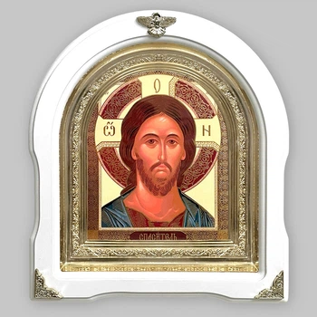 Икона Спаситель, лик 15х18 см, в белом деревянном киоте, арка, 08994