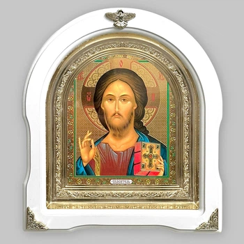 Икона Спаситель, лик 15х18 см, в белом деревянном киоте, арка, 08995