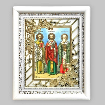 Икона Василий Великий, Григорий Богослов и Иоанн Златоуст, лик 15х18 см, в белом киоте с виноградным окладом