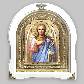 Икона Гавриил святой Архангел, лик 15х18 см, в белом деревянном киоте, арка