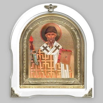 Икона Спиридону Святителю, лик 15х18 см, в белом деревянном киоте, арка