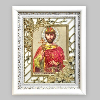 Икона Игорь святой благоверный князь, лик 15х18 см, в белом киоте с виноградным окладом