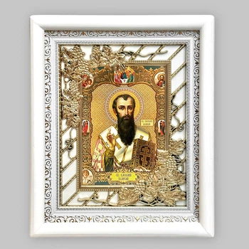 Икона Василий Великий святитель, лик 15х18 см, в белом киоте с виноградным окладом, 53378