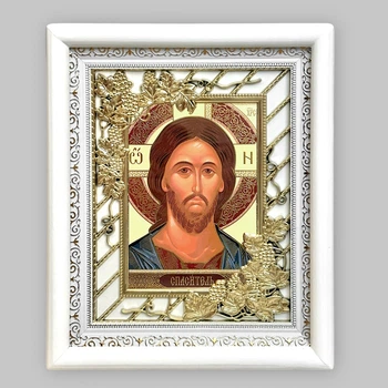 Икона Спаситель, лик 15х18 см, в белом киоте с виноградным окладом, 53512