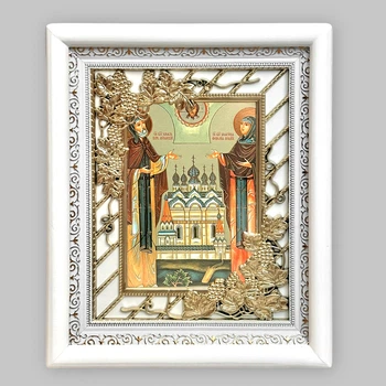 Икона Петр и Феврония Муромские святые благоверные князья, лик 15х18 см, в белом киоте с виноградным окладом, 53375