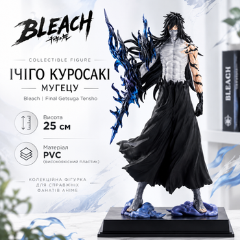 Фігурка Ічіґо Куросакі Bleach Мугецу 25 см — колекційна PVC статуетка аніме-воїна з ефектом синього полум’я та підставкою