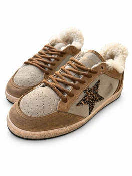 Зимние женские кеды Golden Goose бежево-коричневые из натуральной кожи и замши на шерстяном меху размер 38