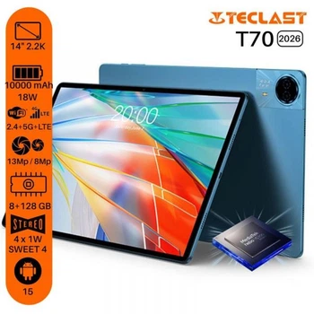 Планшет Teclast t70 (2026) 14" 8 гб, 128 гб, 41, 10 000 мА год, Android, блакитний 6940709688373