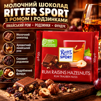 Шоколад молочний Ritter Sport з ямайським ромом родзинками та подрібненим фундуком 100 г