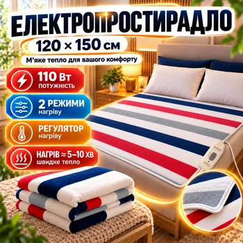 Электропростынь с подогревом 120×150 см полуторная 110 Вт с регулятором температуры 2 режима цветные полосы