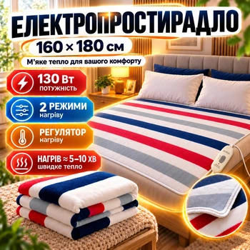 Электропростынь с подогревом 160х180 см 130 Вт двуспальная с регулятором температуры 2 режима цветные полосы