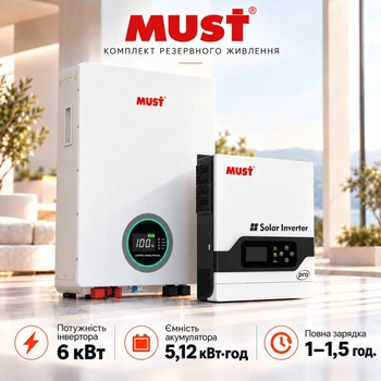 Комплект резервного питания MUST 6 кВт / 5,12 кВт*ч гибридный инвертор PV18-6048PRO + аккумулятор LiFePO4 LP16-48100 51,2 В 100 А*ч