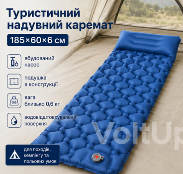 Надувний туристичний каремат синій 185×60×6 см із вбудованим насосом і подушкою