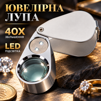 Ювелірна лупа Alomejor 40X з LED-підсвіткою, збільшувальне скло з 2 світлодіодами, кишенькова лінза для монет, каменів і деталей