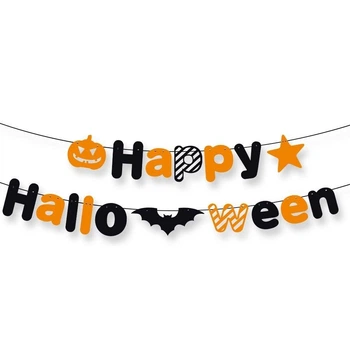 Гірлянда на Хелловін Happy Halloween з кольоровими літерами гарбузами зірками та кажанами 3 м різнобарвний