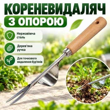 Кореневидаляч садовий ручний з опорою для видалення бур'янів, нержавіюча сталь, дерев'яна ручка, 31 см