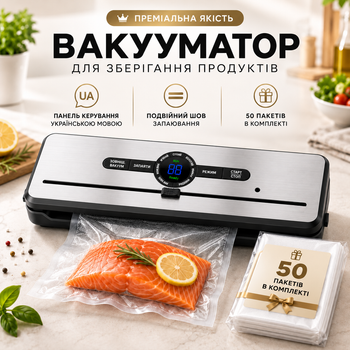 Вакууматор для їжі, продуктів - сенсорний вакуматор з вбудованим різаком - побутовий автоматичний вакуумний пакувальник, запайщик пакетів для їжі, сухих та вологих продуктів, м'яса, сувіду | Панель українською + 50 вакуумних пакетів | Fresh Way AP-50