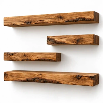 Модульні полички 4 шт з натурального дерева (ясінь) з живим краєм NordicWood Wall Shelves ,покриті масло-воском ПНДД 048