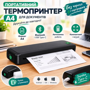 Портативний бездротовий термопринтер для документів та тату A-43 A4 з Bluetooth та акумулятором.Термопринтер для телефону з рулоном паперу А4.