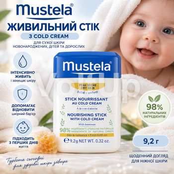 Питательный стик Mustela Hydra-Stick Cold Cream 9,2 г для сухой кожи губ щек и носа детей с пчелиным воском и маслом ши