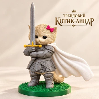 Котик-рыцарь с мечом 3D фигурка, кот рыцарь