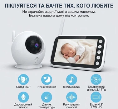 Відеоняня Baby Monitor ABM100, монітор 4.3", поворотна камера 360°, двосторонній аудіозв’язок, нічне бачення