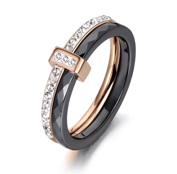 Каблучка чорна кераміка доріжка з цирконами (золото 585п) 6 мм 16–19 р Black Ceramic Crystal Line GONCHAR & CO. ювелірний сплав — Розмір каблучки: 19р