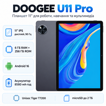 Планшет Doogee U11 Pro 6/256 ГБ 11" 90 Гц Wi-Fi IPS Android 16 Grey