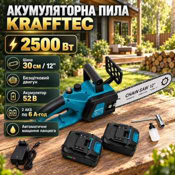 Пила цепная аккумуляторная Krafftec 2500 Вт 52 В 6 А·ч бесщеточная шина 30 см 12 дюймов 2 АКБ автоматическая смазка цепи тормоз кейс