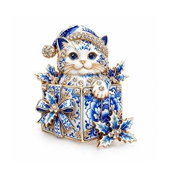 Брошь BROCHE Животные Котёнок с подарком в шапке Санты голубая BRBF115652