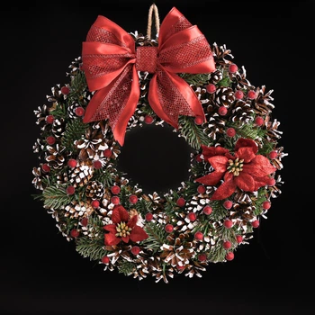 Новогодний венок Gala Decor из шишек, ягод и заснеженных элементов 33 см с красным бантом и пуансетиями