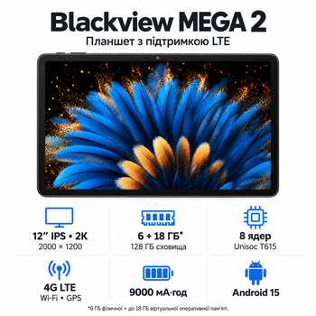 Планшет 12" 2K Blackview Mega 2 6+18/128Gb LTE 8 ядер Android 15 9000 mAh