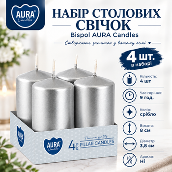 Набір свічок 4 шт. циліндр Bispol AURA Candles Срібний металік (sw40/80-271)