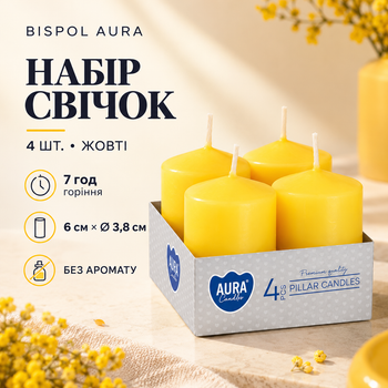 Набір свічок 4 шт. циліндр Bispol AURA Candles Жовті (sw40/60-010)