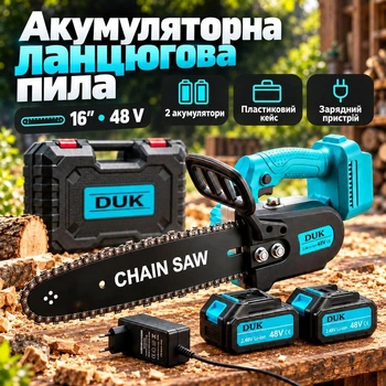 Акумуляторна пила ланцюгова для обрізки гілок садова 48V DUK в кейсі з двома акумуляторами 16 дюймів