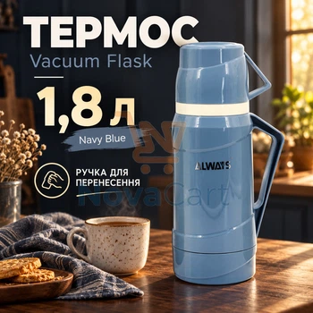 Термос для семейного чаепития 1,8 л, большой термос с ручкой, дорожная емкость для напитков с крышкой-чашкой Синий