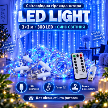 LED гирлянда штора для дома 3х3 м Гирлянда на окно 300 LED от USB Синий Гирлянда штора водопад
