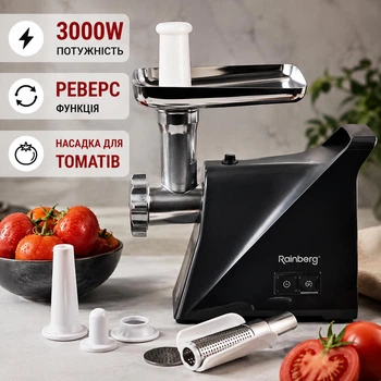 Мясорубка с насадками для фарша томатов и колбасRainberg 3000W, Универсальная мясорубка для дома RB-679 Black