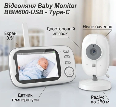 Видеоняня Baby Monitor ABM600-USB Type‑C, монитор 3.5", двусторонняя аудиосвязь, ночное видение