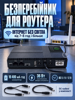 Источник бесперебойного питания для роутера, модема и видеонаблюдения UPS PowerBank 10400mAh 36 Вт с выходами 5V 9V 12V и POE 15V/24V, NET-36-Black