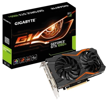 Видеокарта GeForce GTX1050Ti OC Gigabyte 4Gb DDR5 128bit DVI/3xHDMI/DP 1506/7008 MHz LED подсветка GVN105TG1 GAMING4GD
