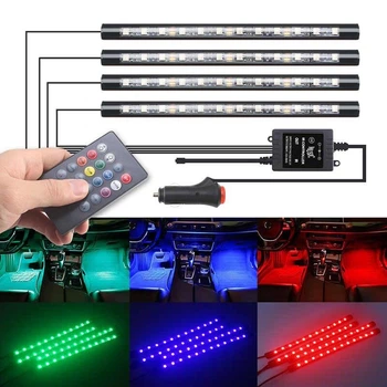 Светодиодная неоновая лента RGB для салона автомобиля с цветомузыкой, декоративная подсветка ног с пультом Autoexpect (91160)