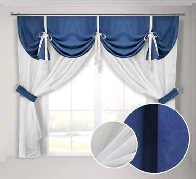 Кухонная занавеска синяя Adagio Windows Decor с ламбрекеном в размере 2х1,7м