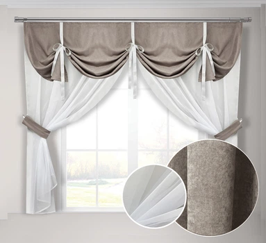 Кухонная занавеска светло-коричневая Adagio Windows Decor с ламбрекеном в размере 2х1,7м
