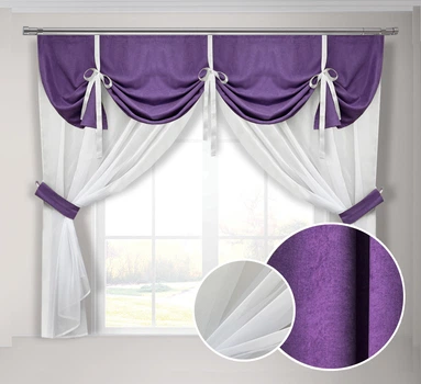 Кухонная занавеска фиолетовая Adagio Windows Decor с ламбрекеном в размере 2х1,7м