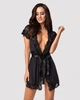 Сатиновий відкритий пеньюар на поясі Obsessive 810-PEI–1 peignoir black - зображення 1