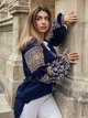 Жіноча вишиванка бохо "Габріела" на темно-синій льняній тканині з геометричним орнаментов в білому і золотому кольорах 12395-60 (3XL) - зображення 2