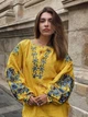 Патриотическая желтая вышиванка женская с голубыми цветами "Стефания" на льняной ткани 12389-52 (XL) - изображение 1
