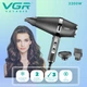 Профессиональный мощный салонный фен для сушки и укладки волос VGR мощность 2200Вт черный с 2 насадками - изображение 1